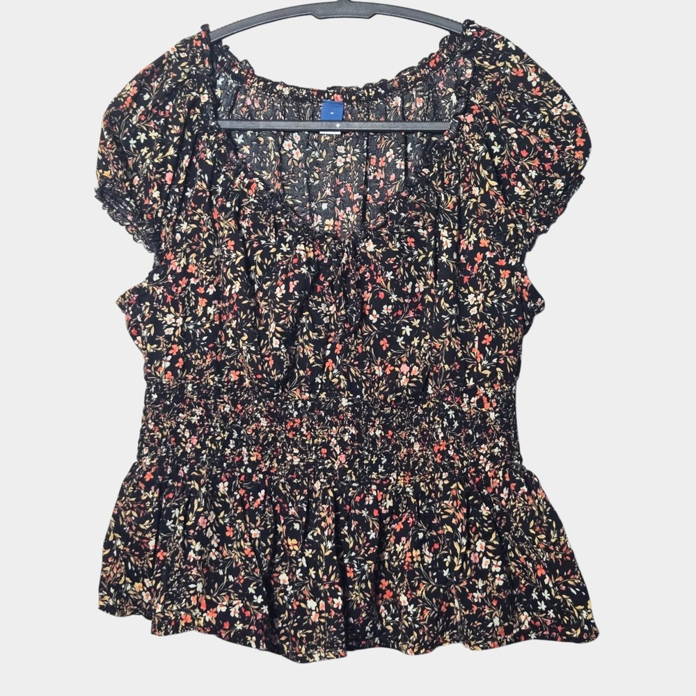 Old Navy Babydoll Milkmaid Smocked Waist Floral Top M Black Fall Boho Feminine